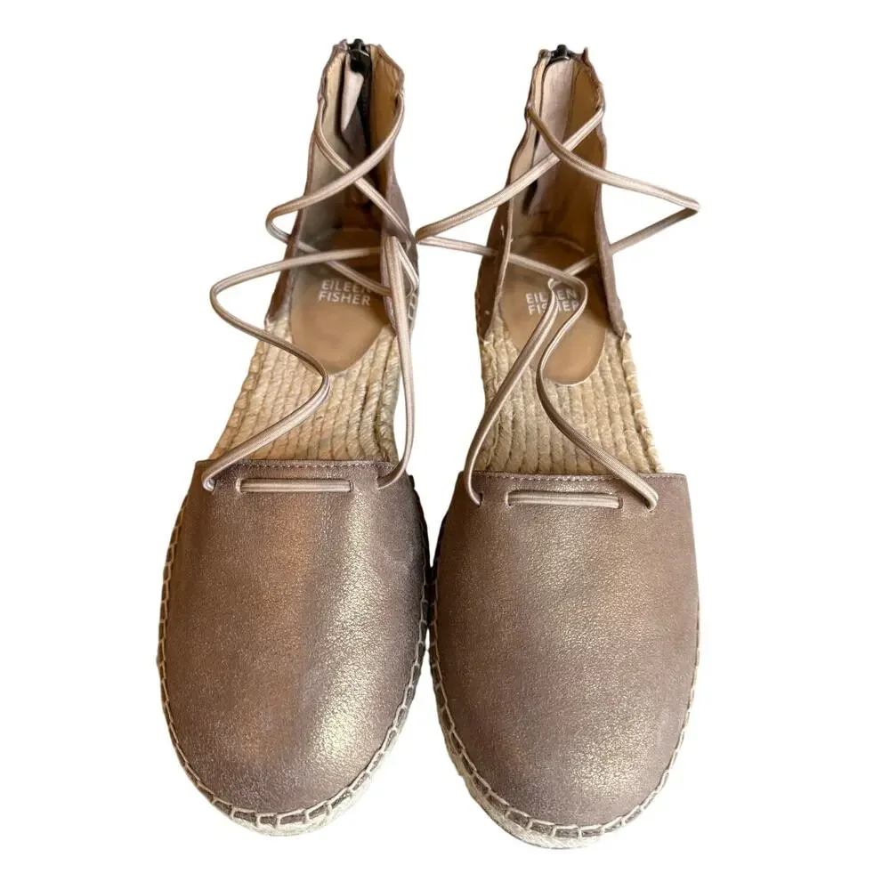 Eileen Fisher Laced Leather Espadrille Flat Sandals Platinum 8.5